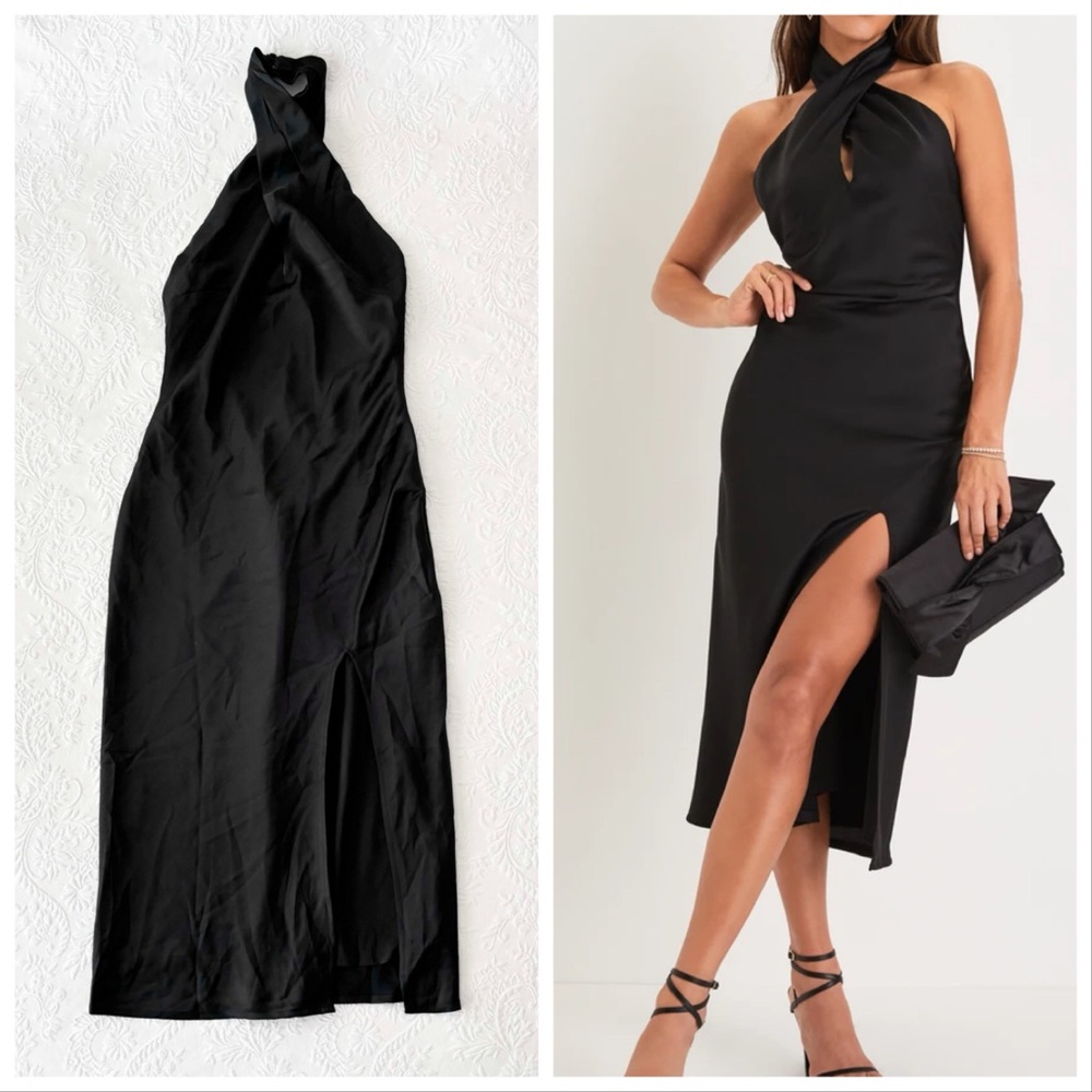 NWOT Lulus Beyond Classy Black Satin Halter Midi Dress Large
